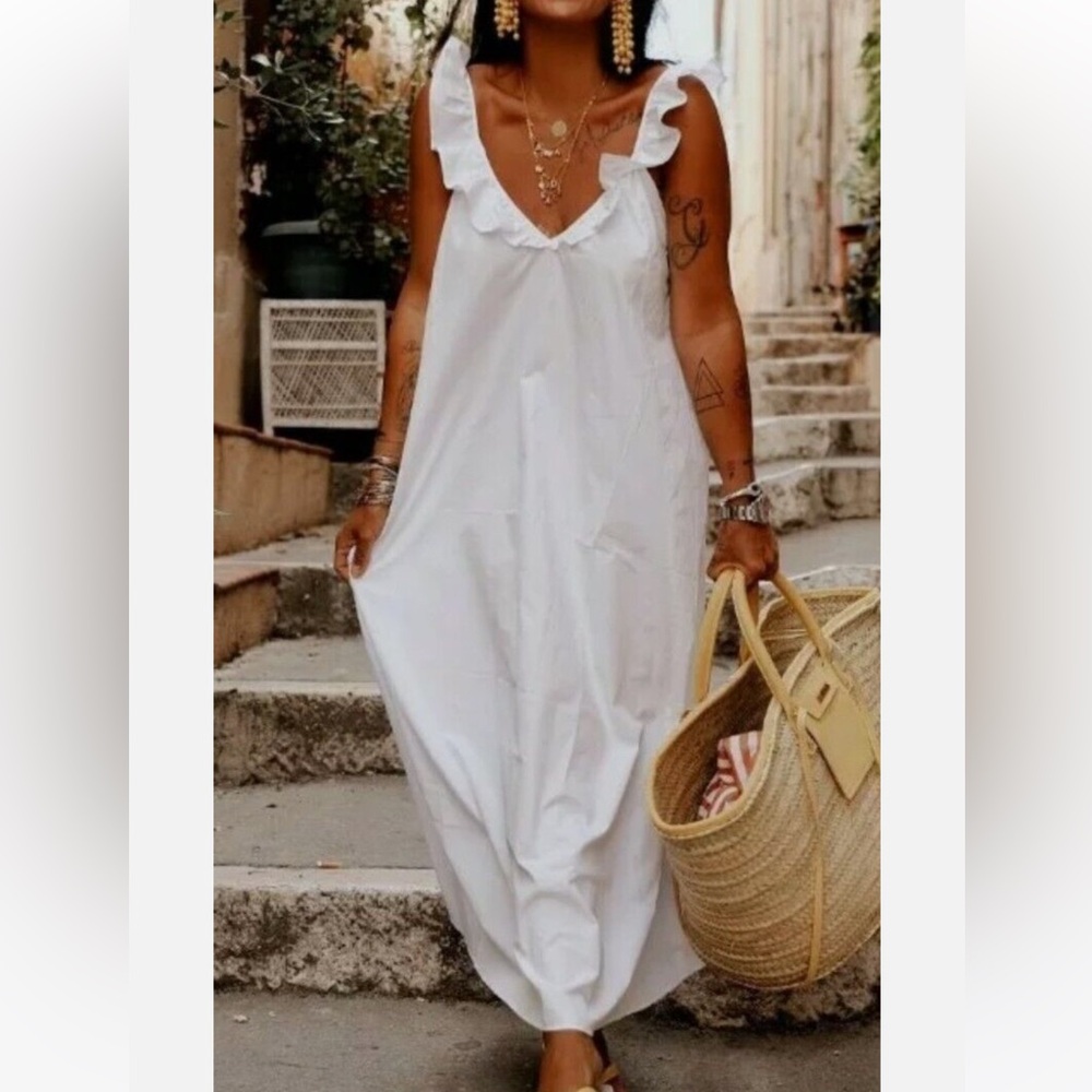 New with Tags H&M Boho Flounce Frill Trim Maxi Dress White